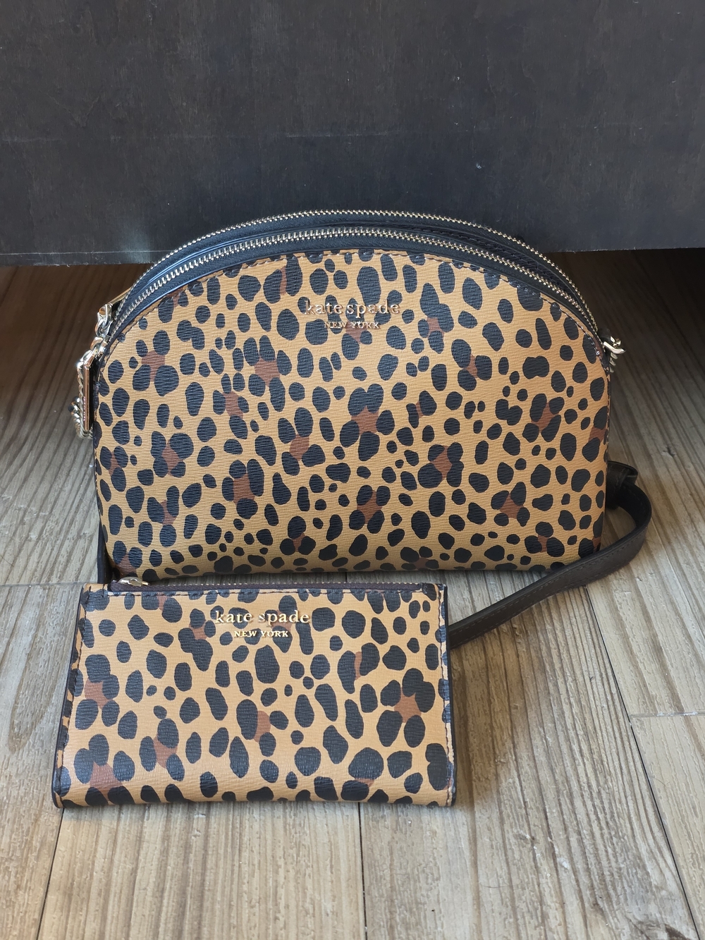 Kate Spade New York leopard-print double-zip dome crossbody bag + Bifold
